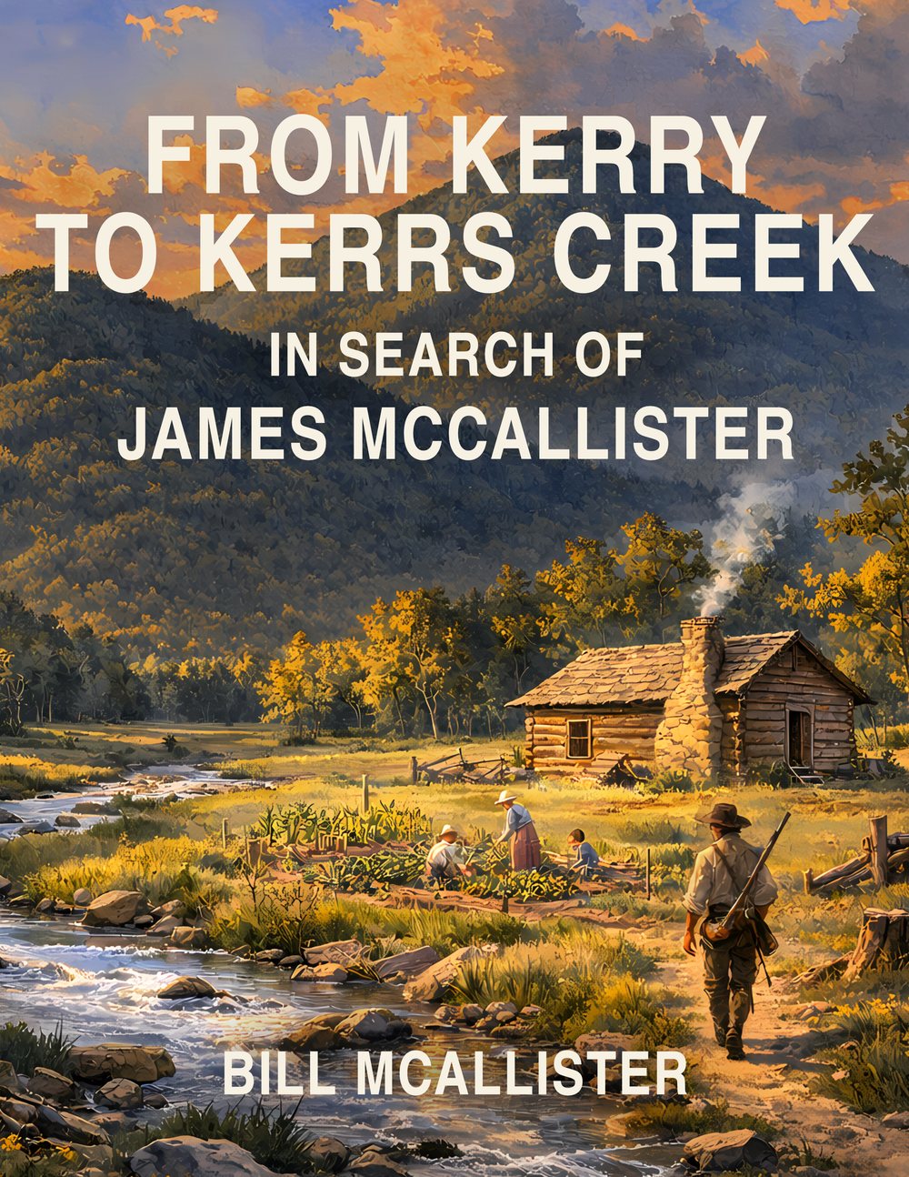 Book cover: From Kerry to Kerrs Creek — In Search of James McCallister, by Bill McAllister. A painted frontier scene of a log cabin beside a creek beneath autumn mountains.